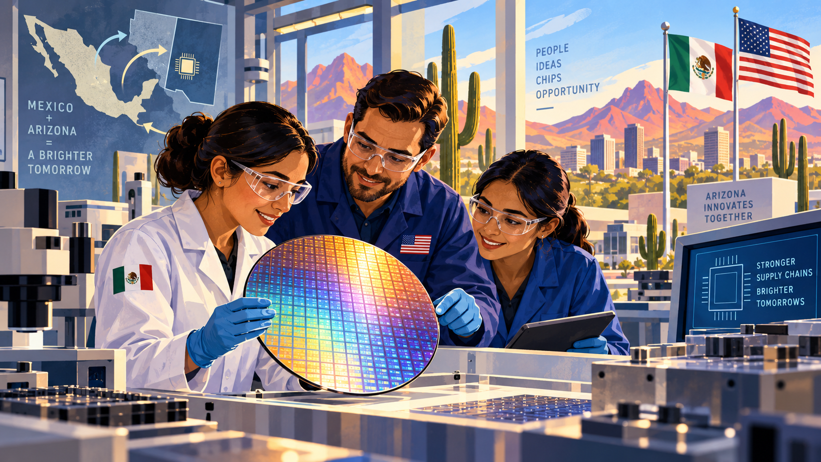 Editorial illustration for México busca integrarse a la cadena de semiconductores de Arizona